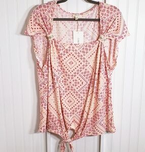 Como Blu NWT Pink Print  Sleeveless Blouse Front Bottom Tie 2X